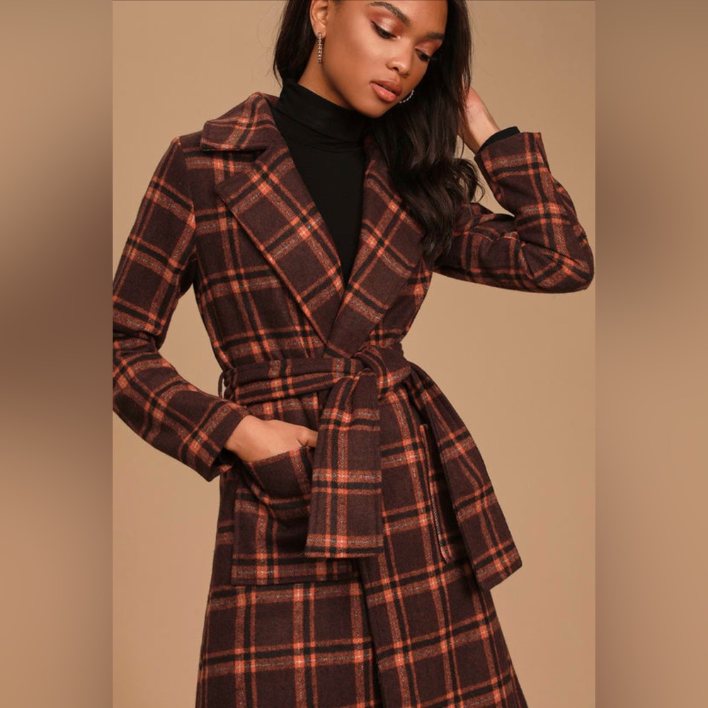 Sage | Women’s Burgundy Plaid Tie Coat size M